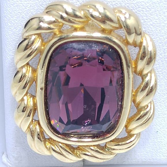 Swarovski S.A.L. Earrings, Purple Crystal Clip Ons, Gold Rope Design, 1970s - Picture 5 of 10